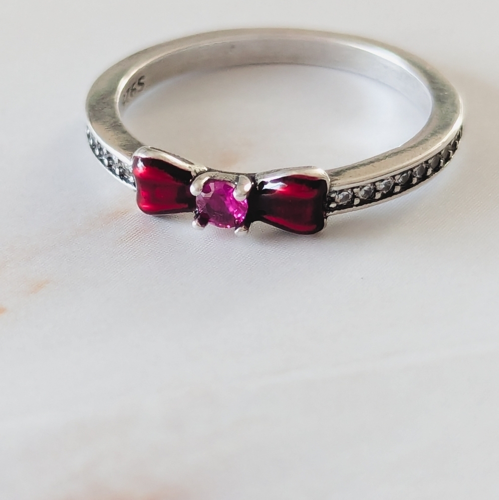 925 Sterling Silver Red Bow Ring Dainty Crystal Coquette Jewelry Size 6.5 - Picture 4 of 6